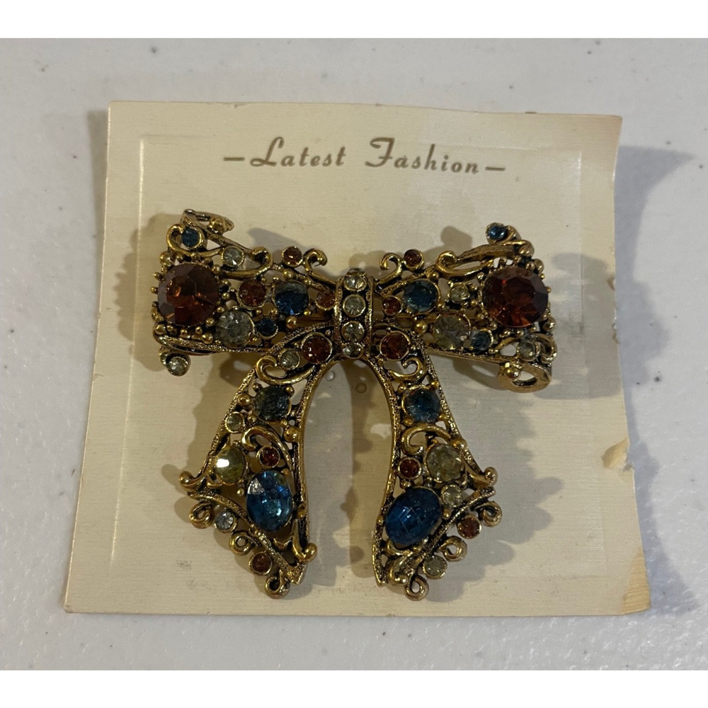 Vintage Bow Brooch Pin Rhinestone Gold Tone Multi Color Costume Jewelry Old
